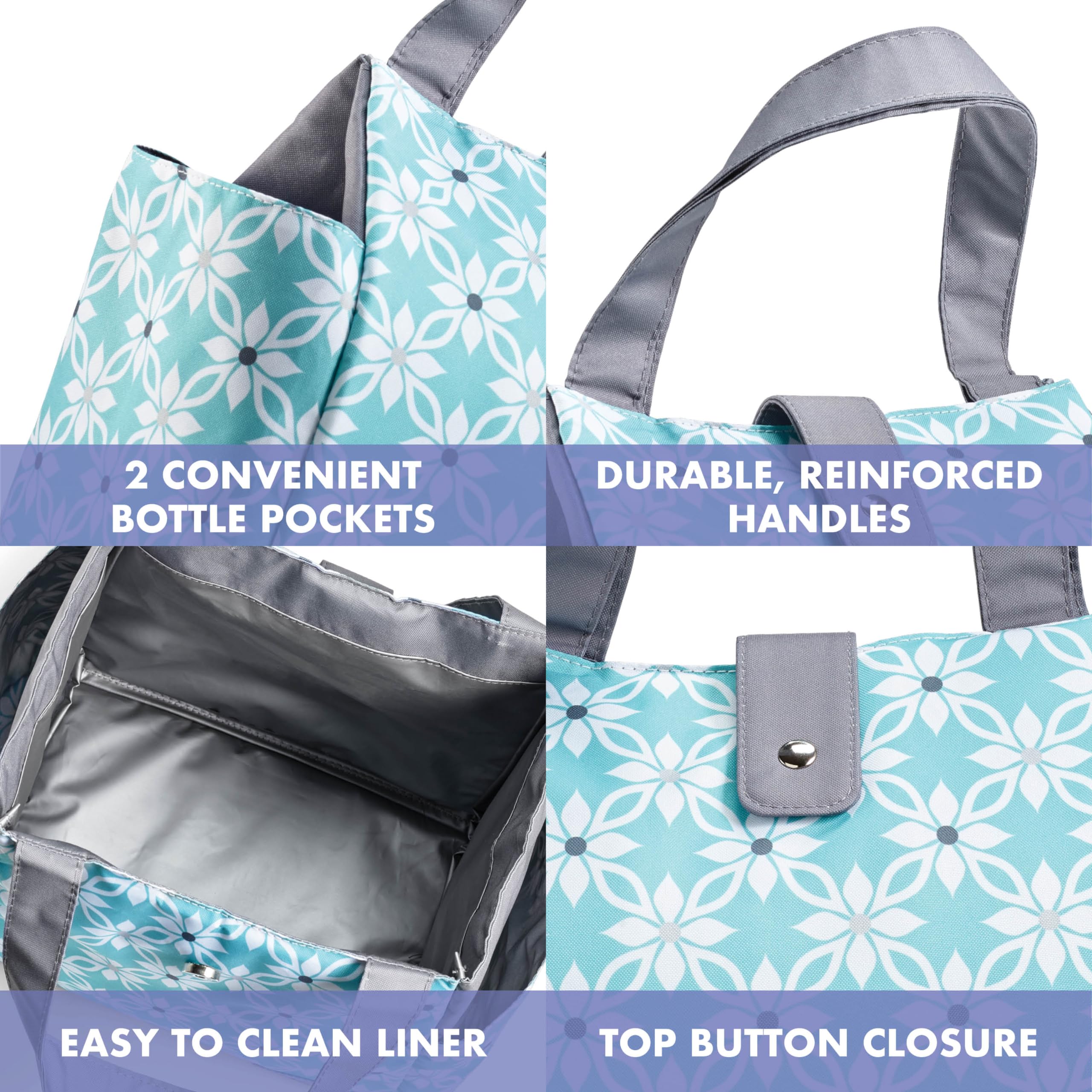Fit & Fresh side bottle pocket holding a bottle, secure-beverage benefit