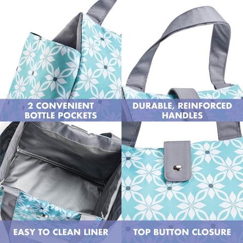 Fit & Fresh side bottle pocket holding a bottle, secure-beverage benefit