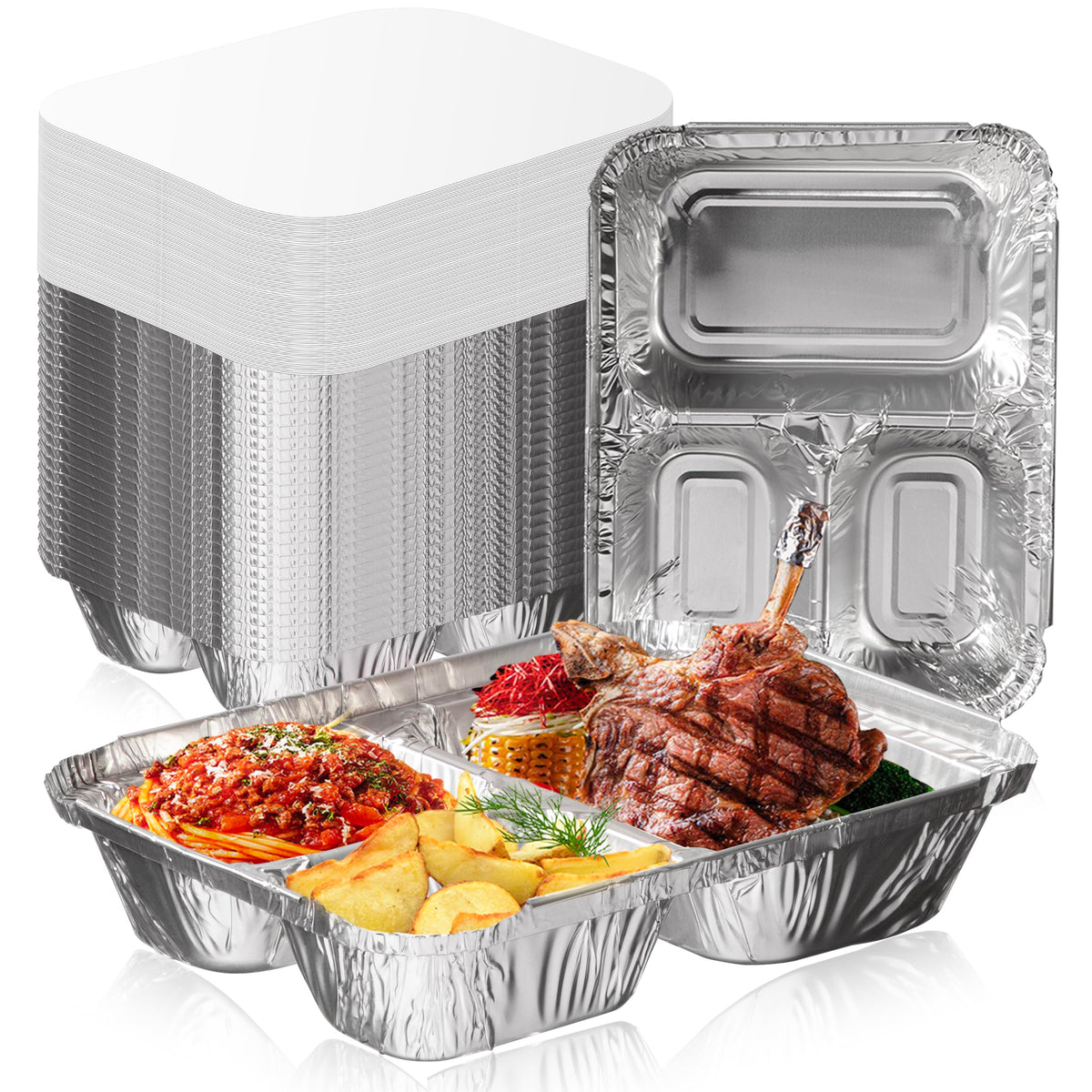 Fit Meal Prep front view of 50-pack box showing pans and lids for easy serving