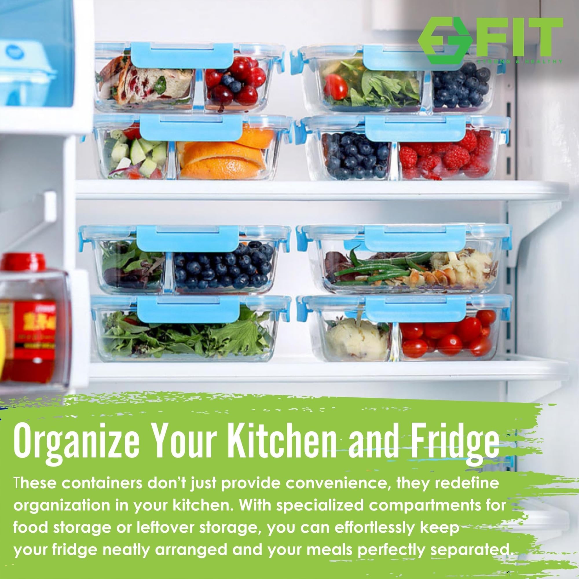 FIT Strong & Healthy top view of 2-compartment glass container demonstrating portion control and balanced meals