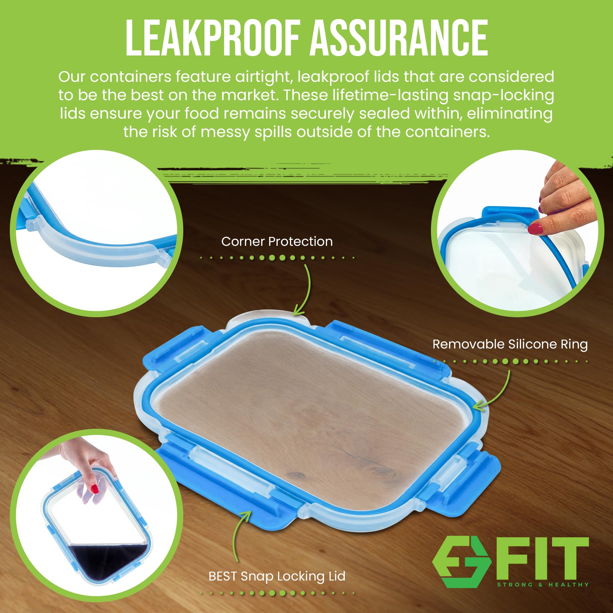 FIT Strong & Healthy top view of 3-compartment glass container showing divided sections for variety