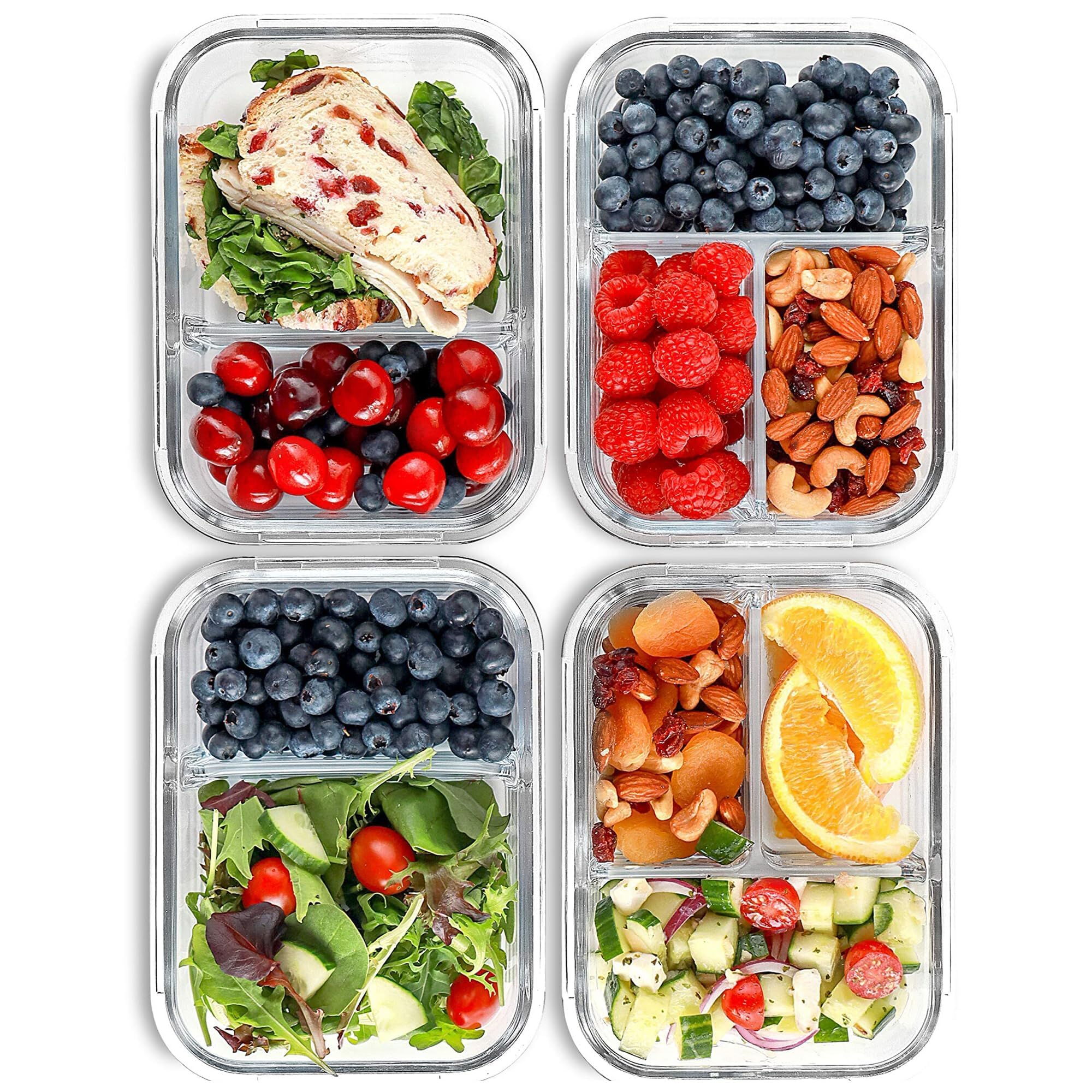 FIT Strong & Healthy front view of glass meal prep container showing size and compartments for organized meals