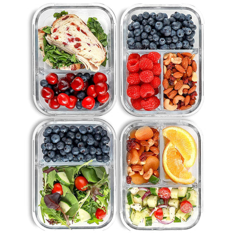 FIT Strong & Healthy front view of glass meal prep container showing size and compartments for organized meals