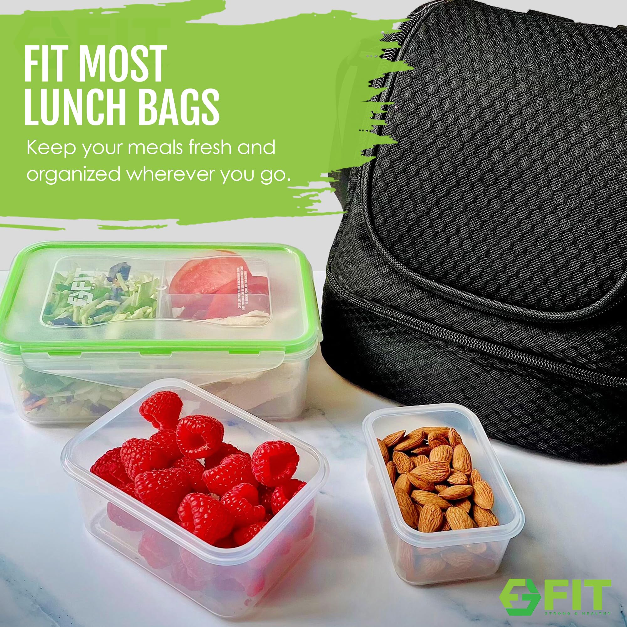 FIT Strong & Healthy label with temperature icons showing microwave and freezer safety