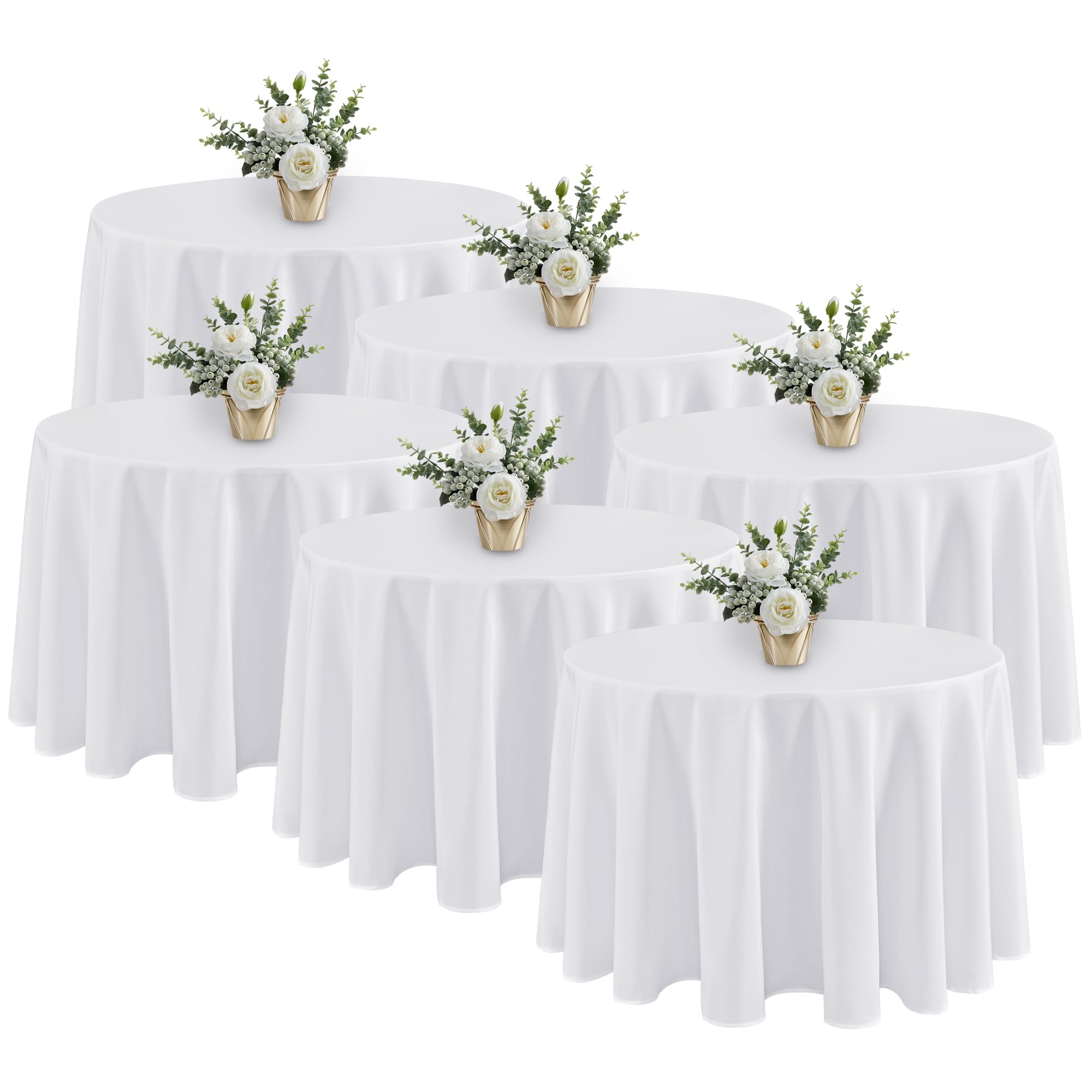 Fitable front packaging showing six 108-inch white round tablecloths for event readiness