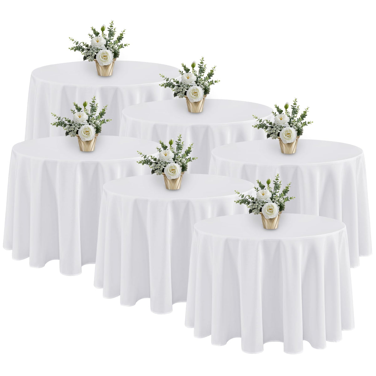 Fitable front packaging showing six 108-inch white round tablecloths for event readiness