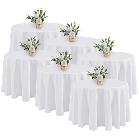 Fitable front packaging showing six 108-inch white round tablecloths for event readiness