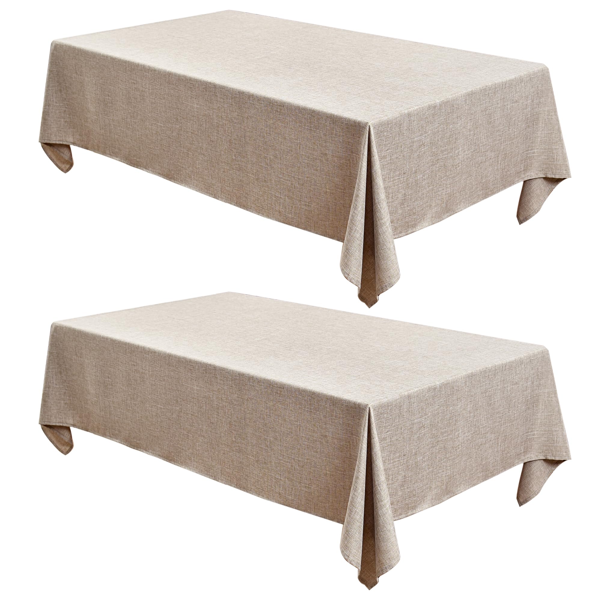 Fitable front packaging showing two neutral tablecloths and economical value