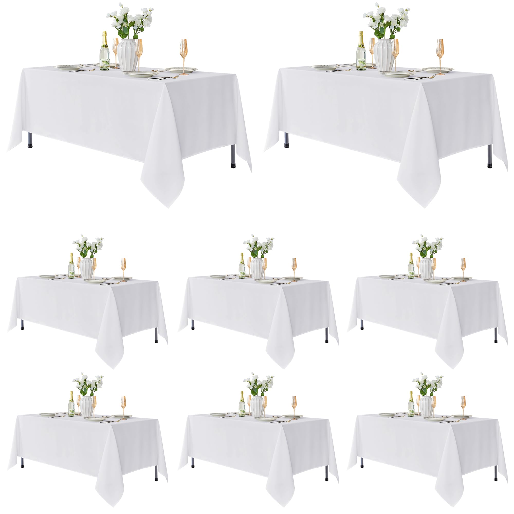 Fitable front packaging of 8-pack white tablecloths showing value and neat fold