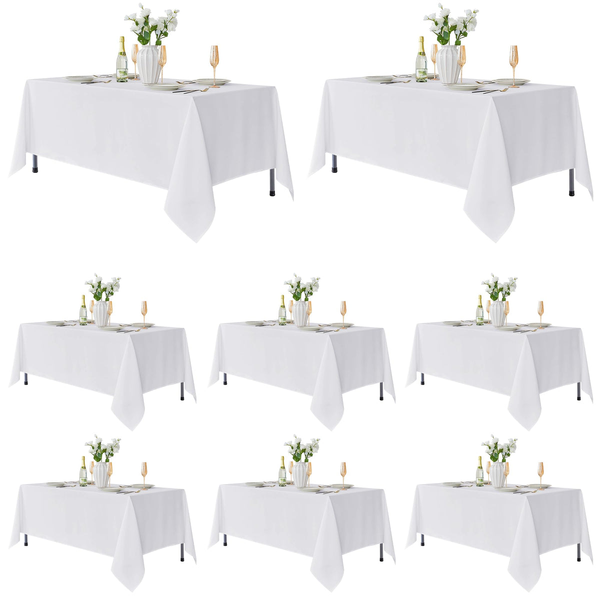 Fitable front packaging of 8-pack white tablecloths showing value and neat fold