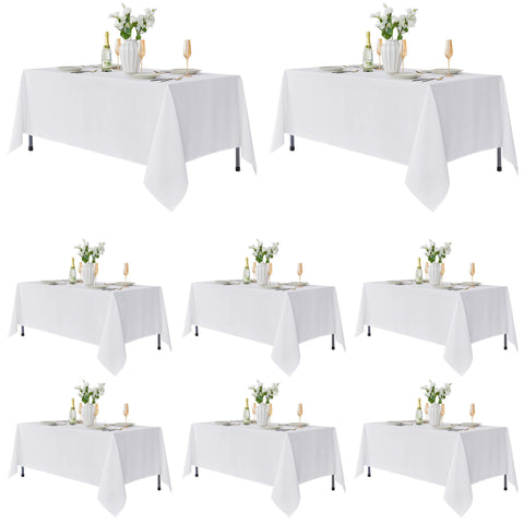 Fitable front packaging of 8-pack white tablecloths showing value and neat fold