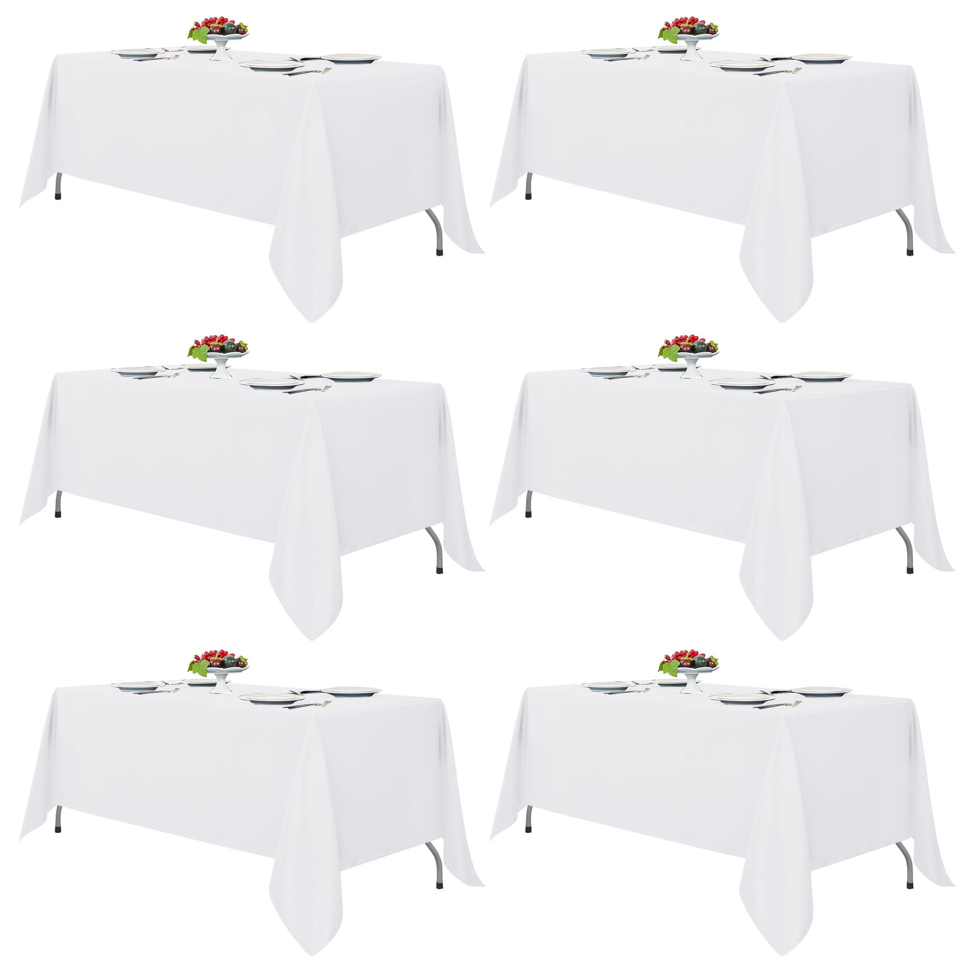 Fitable front packaging showing six white tablecloths and neat storage benefit