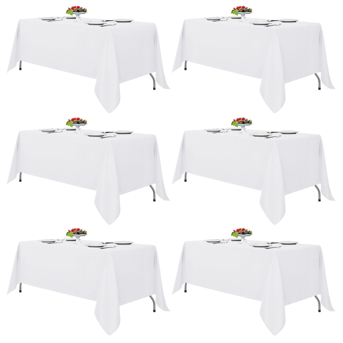 Fitable front packaging showing six white tablecloths and neat storage benefit