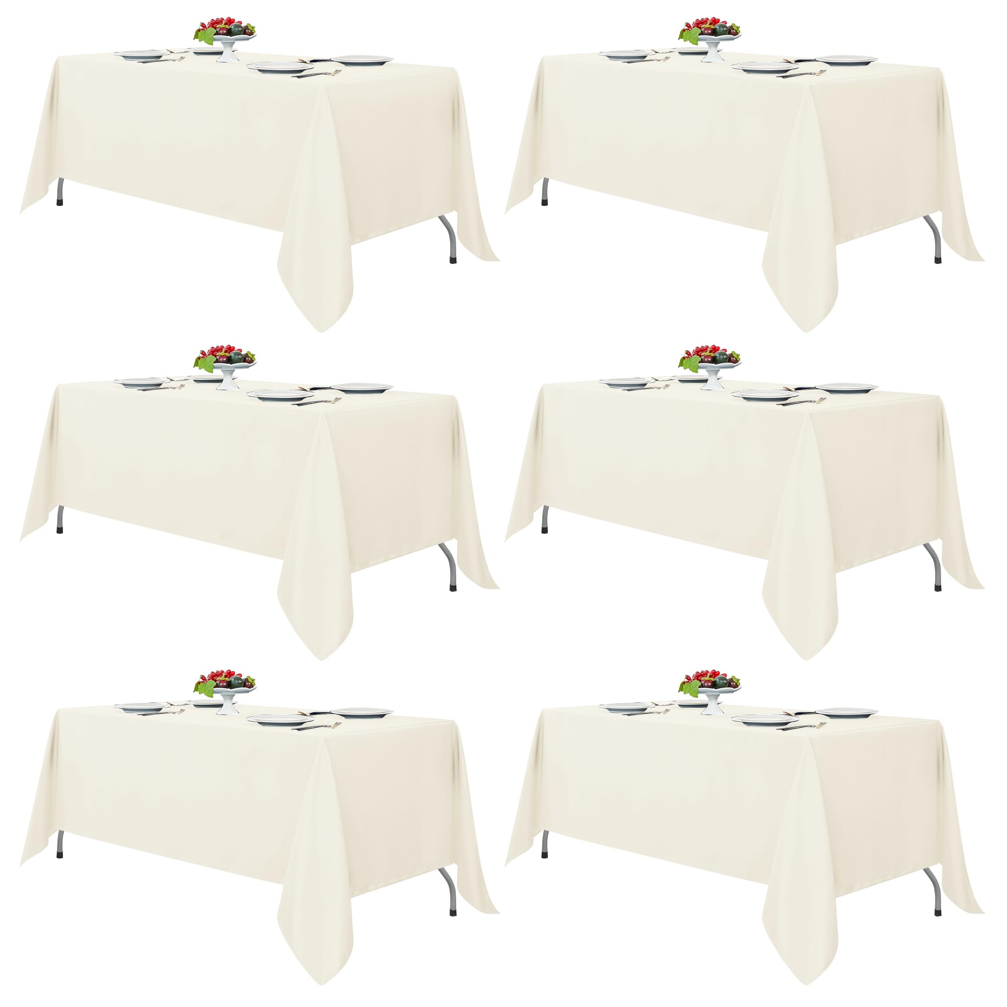 Fitable pack packaging front view showing six ivory tablecloths and neat storage benefit