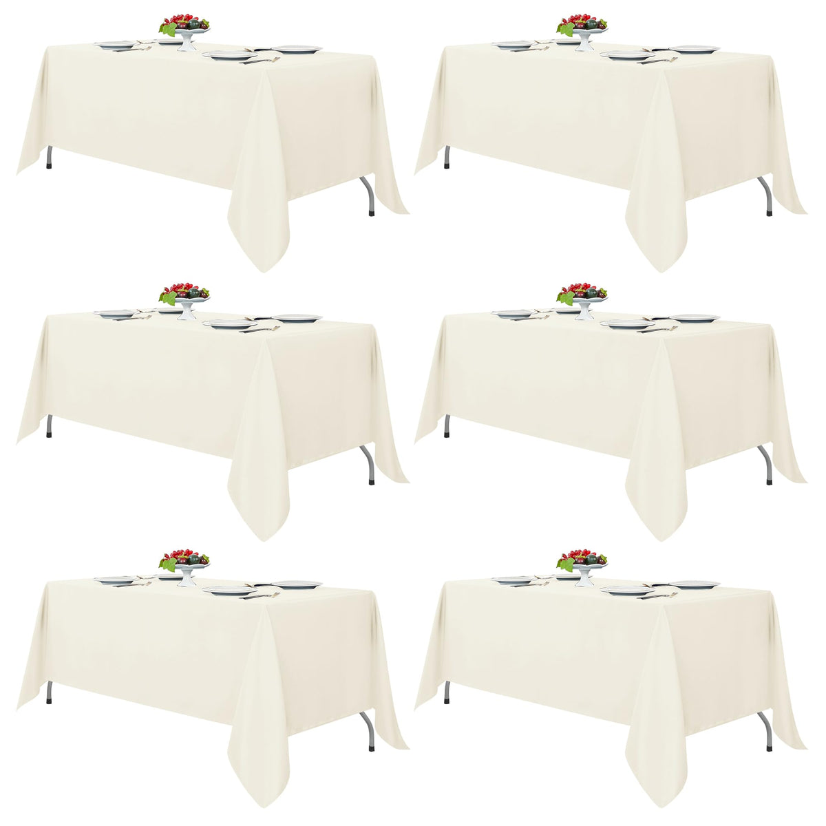 Fitable pack packaging front view showing six ivory tablecloths and neat storage benefit