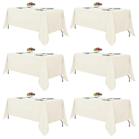 Fitable pack packaging front view showing six ivory tablecloths and neat storage benefit
