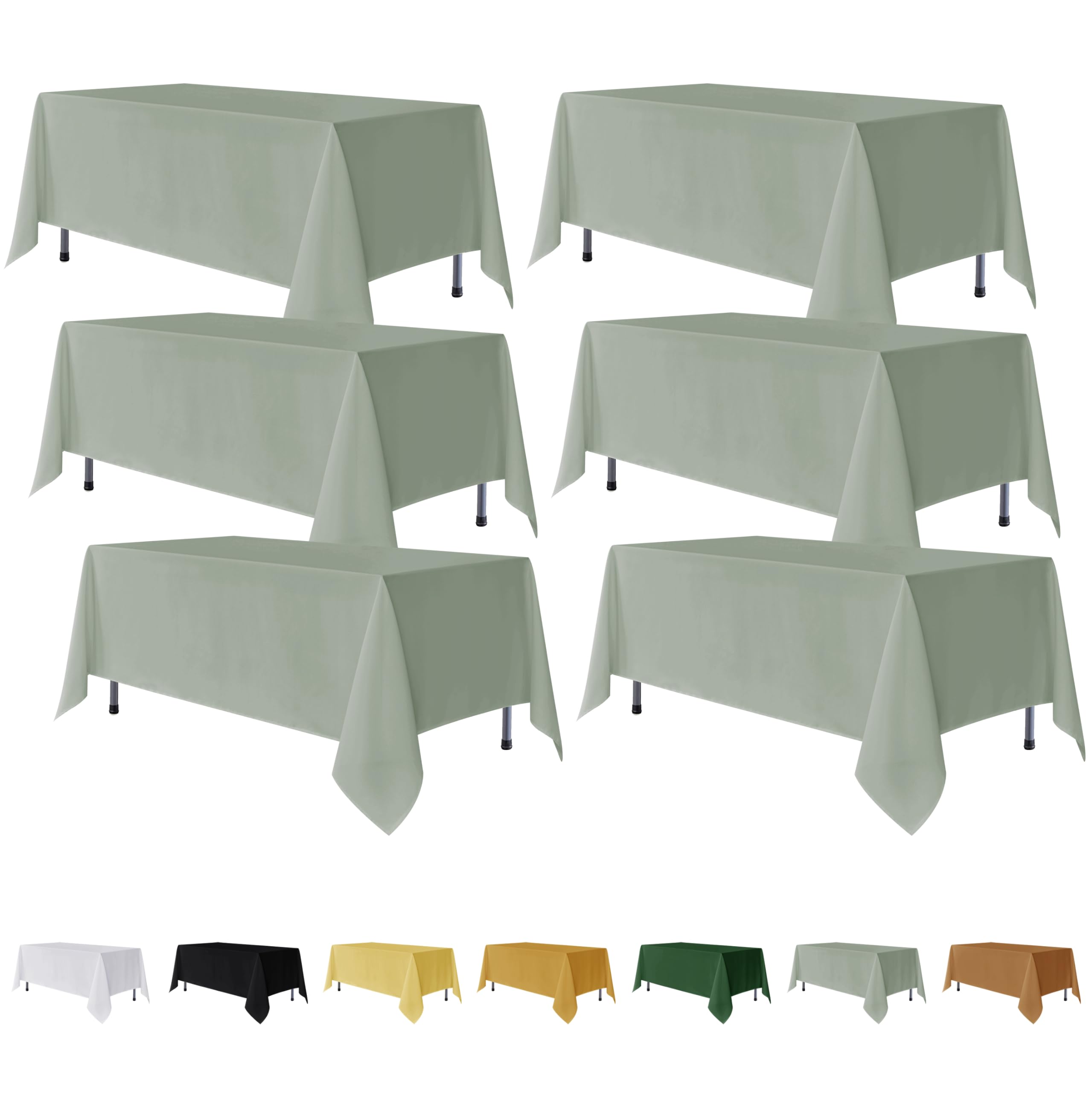 Fitable front view of six sage green tablecloths showing coordinated look and value
