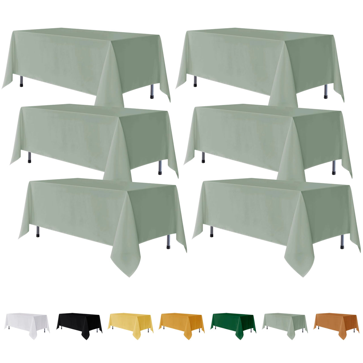 Fitable front view of six sage green tablecloths showing coordinated look and value