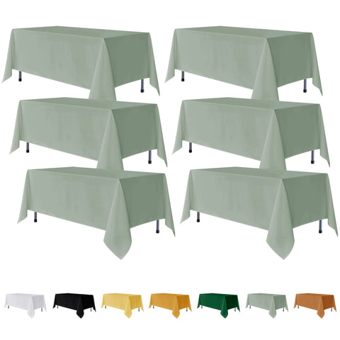 Fitable front view of six sage green tablecloths showing coordinated look and value