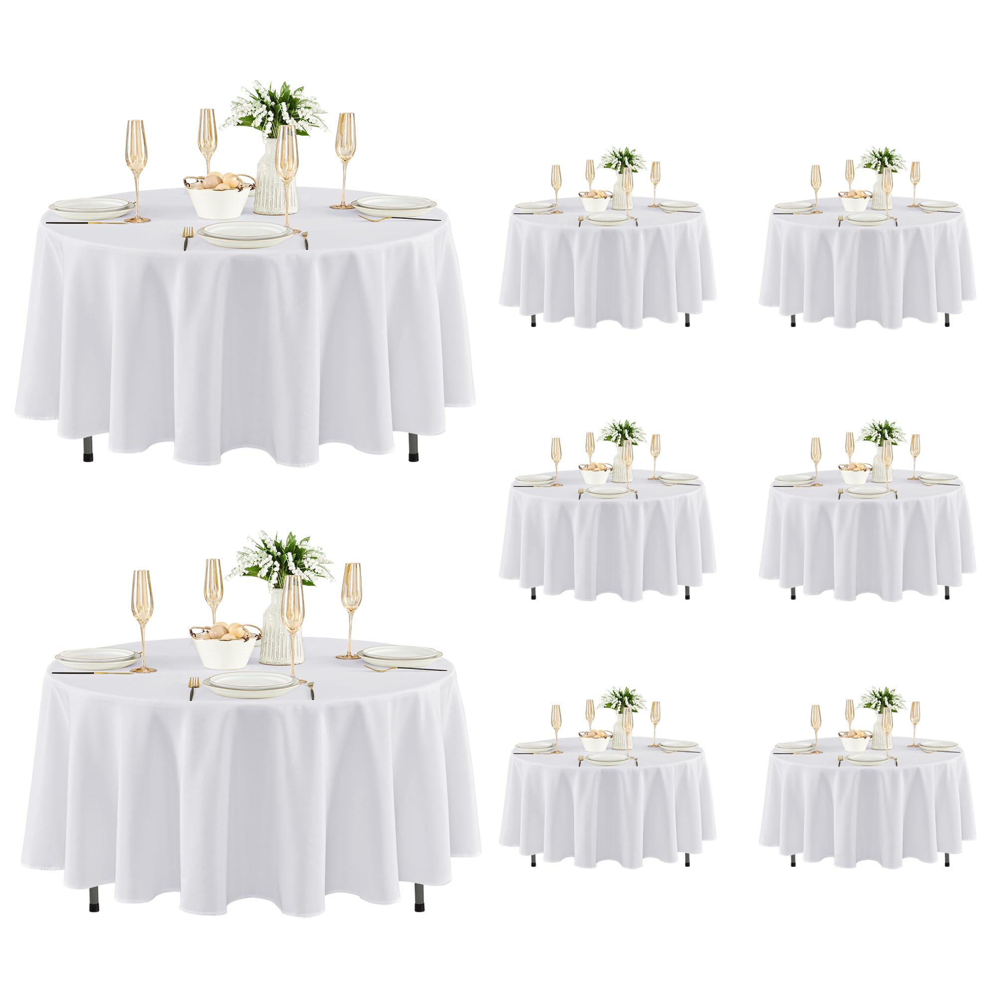 Fitable front view white round tablecloth showing clean drape and elegant look