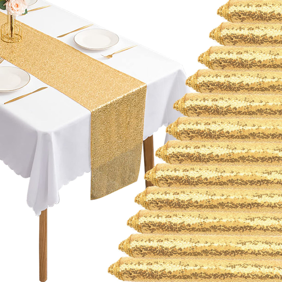 Fivenl front view of champagne gold sequin runner pack showing 12 pieces and packaging benefit of coordinated tables