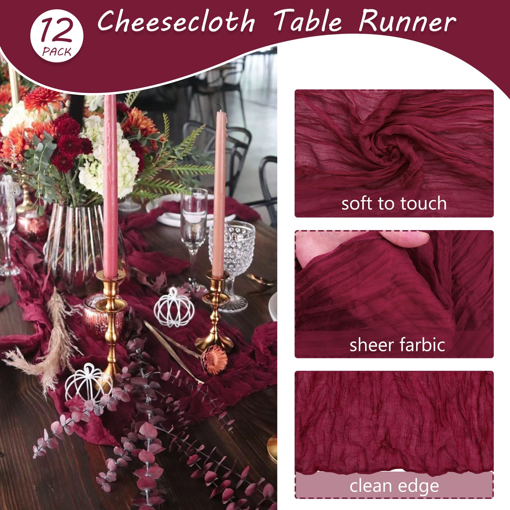 Fivenl runner displayed on 8ft table to show 35x120 inch scale and generous overhang