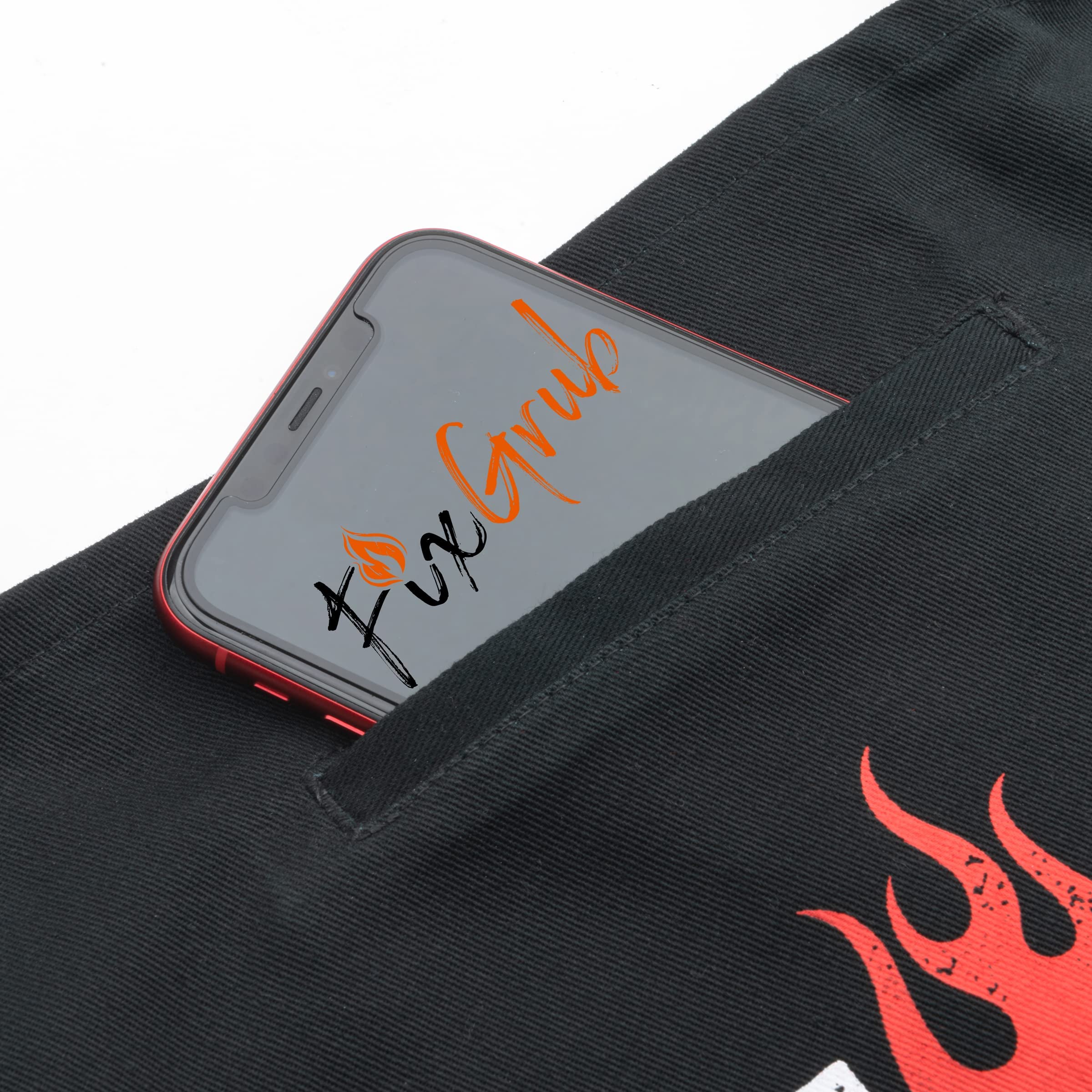 FixGrub apron worn at a backyard BBQ creating a playful, social cooking scene
