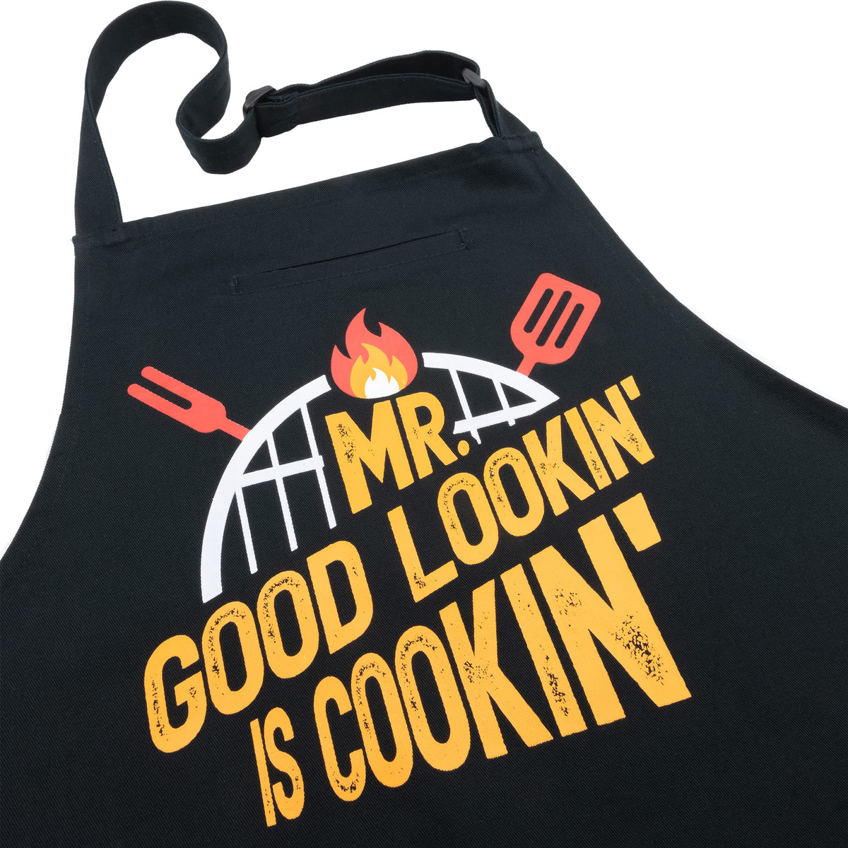 FixGrub apron front view showing pockets and bold message for confident grilling