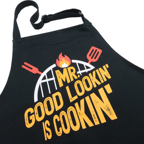 FixGrub apron front view showing pockets and bold message for confident grilling