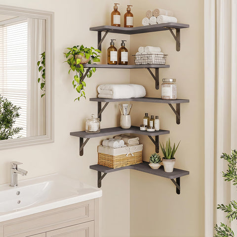 Fixwal bathroom corner shelves holding toiletries and towels for neat storage