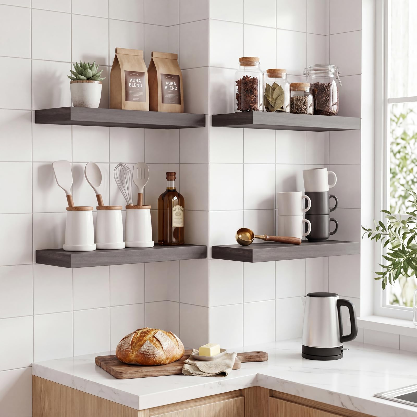 Fixwal shelves in bathroom with towels and toiletries for neat storage advantage