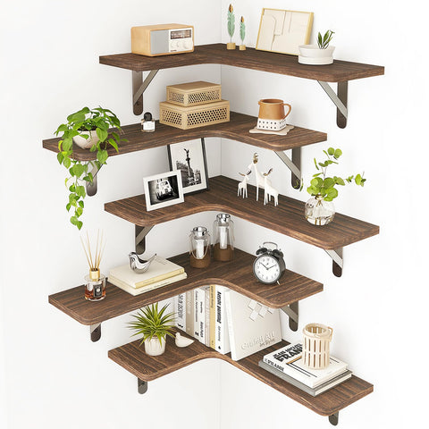 Fixwal front view of dark carbonized black corner shelves showing rustic finish and extra storage