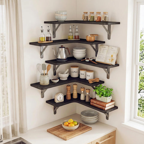 Fixwal shelves styled in kitchen holding jars, saves counter space