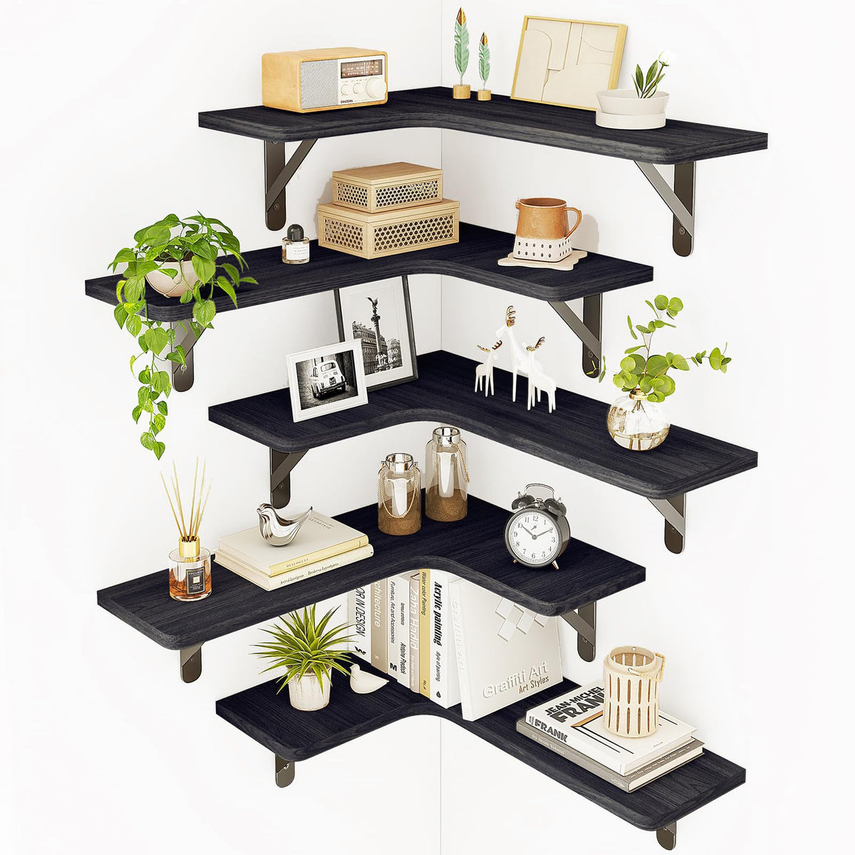 Fixwal front setup showing five black corner shelves, maximizes storage