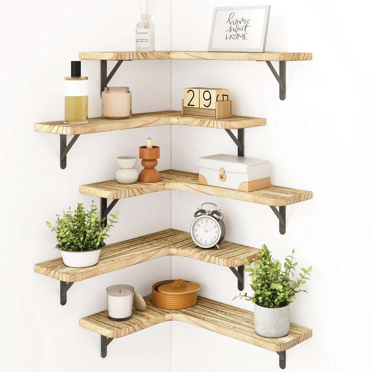 Fixwal front view of carbonized black corner shelf set showing rustic finish and layout benefit