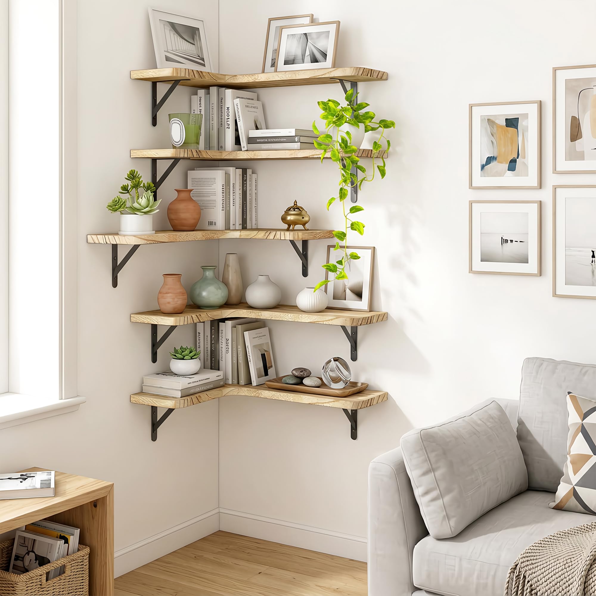 Fixwal shelves installed in kitchen holding spices and mugs to maximize corner storage benefit