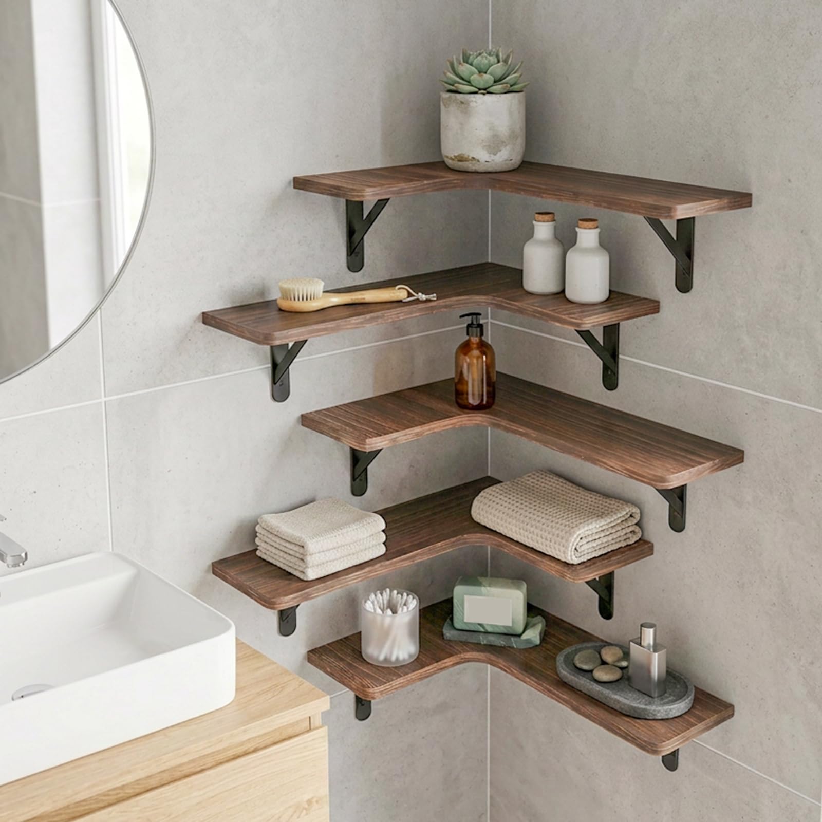 Fixwal shelf beside ruler for scale showing compact dimensions and fit in corners