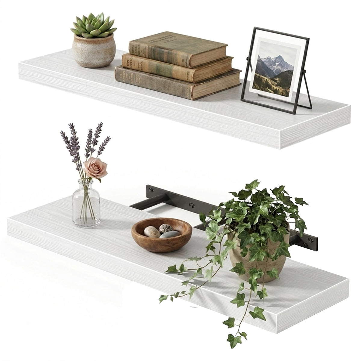 Fixwal front view of two white floating shelves showing clean lines and storage benefit