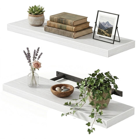Fixwal front view of two white floating shelves showing clean lines and storage benefit