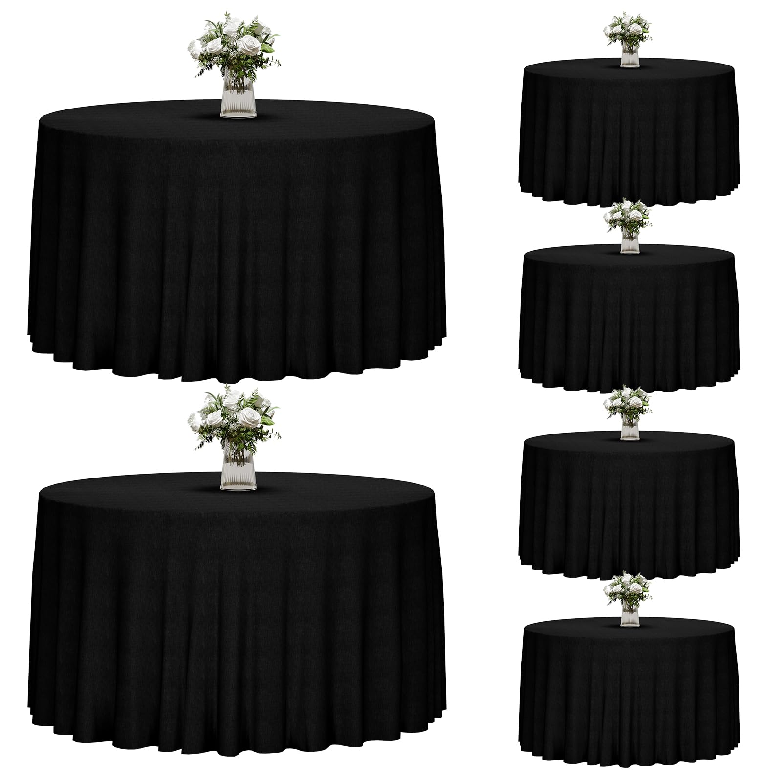 Fixwal front view of six-pack 120-inch black tablecloths showing packaging and count benefit