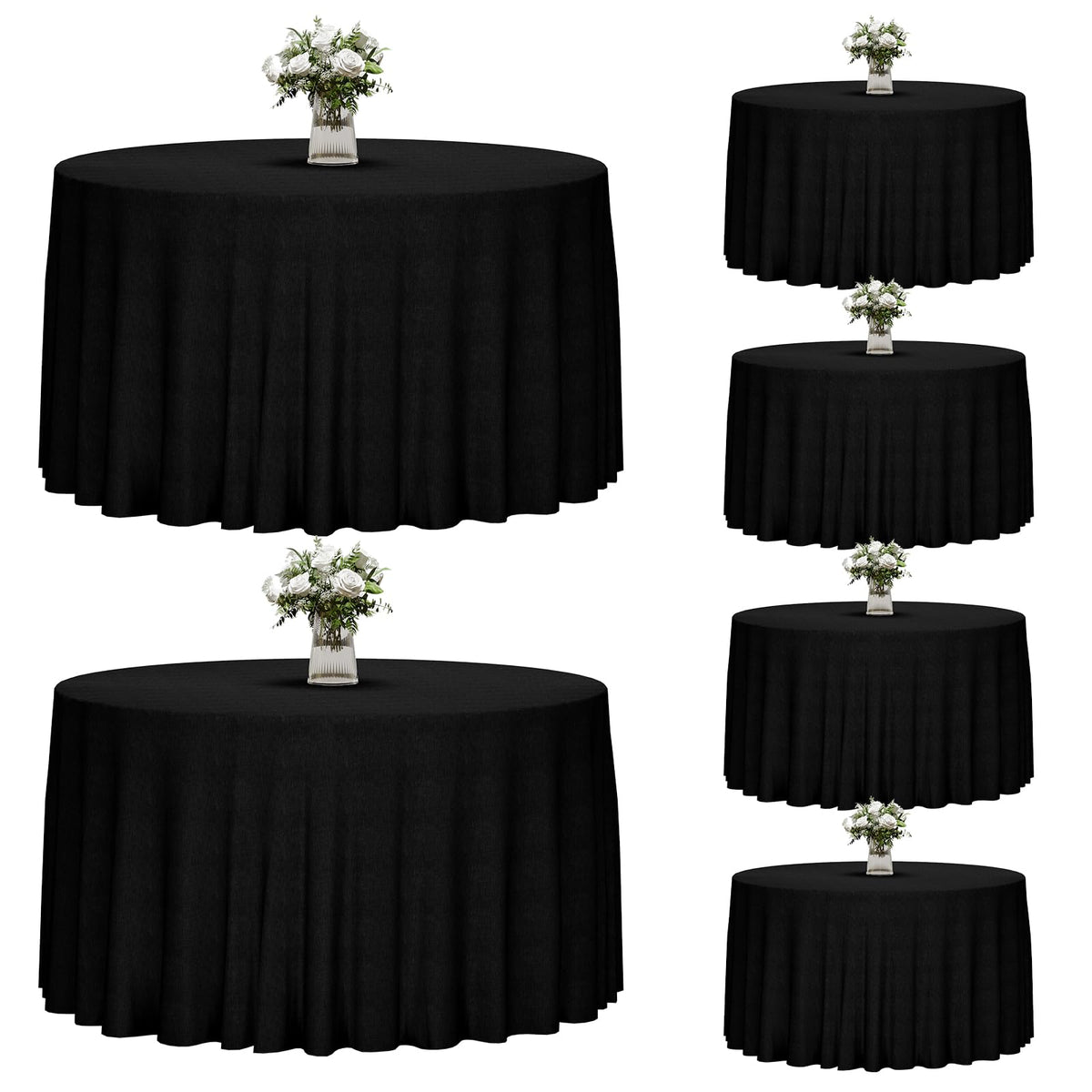 Fixwal front view of six-pack 120-inch black tablecloths showing packaging and count benefit