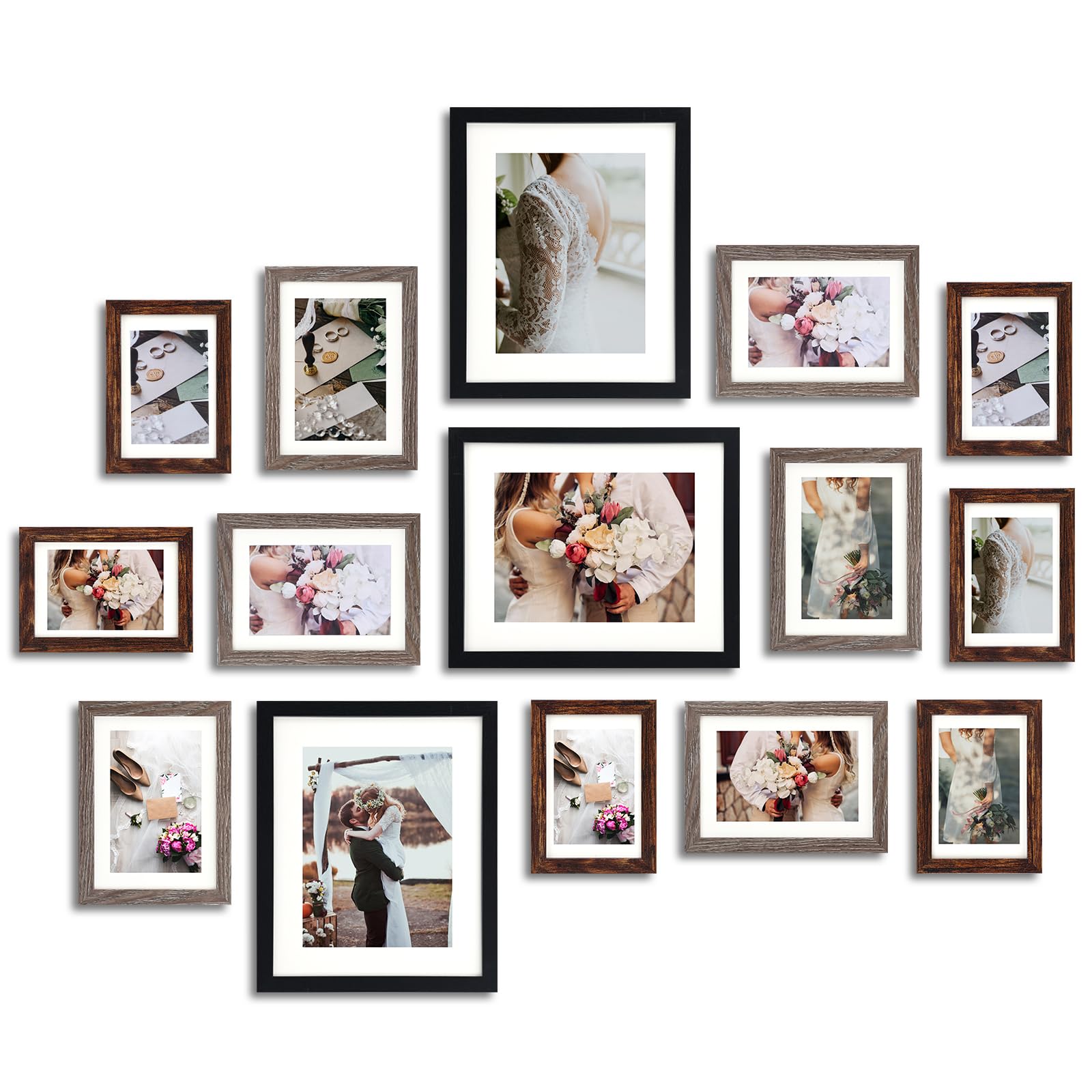 Fixwal front view of 15-piece frame set showing mixed finishes and mats, easy gallery setup