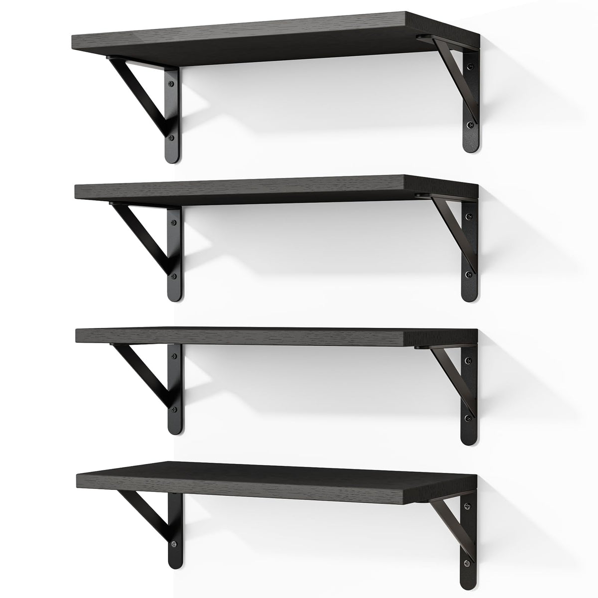 Fixwal front view of four black bracket shelves showing neat modern display benefit