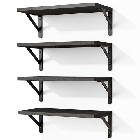 Fixwal front view of four black bracket shelves showing neat modern display benefit