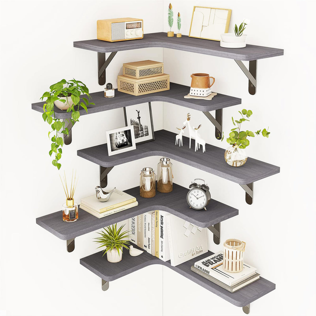 Fixwal front view showing five gray corner shelves and brackets adding storage