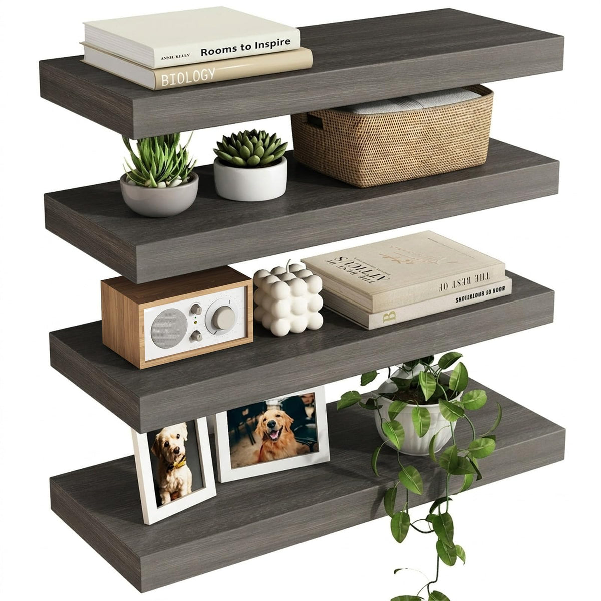 Fixwal grey floating shelves front view showing tidy wall storage and rustic appeal