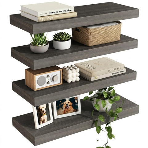 Fixwal grey floating shelves front view showing tidy wall storage and rustic appeal
