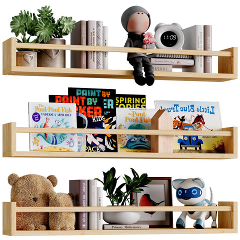 Fixwal front view of three natural wood shelves showing tidy book display and organization