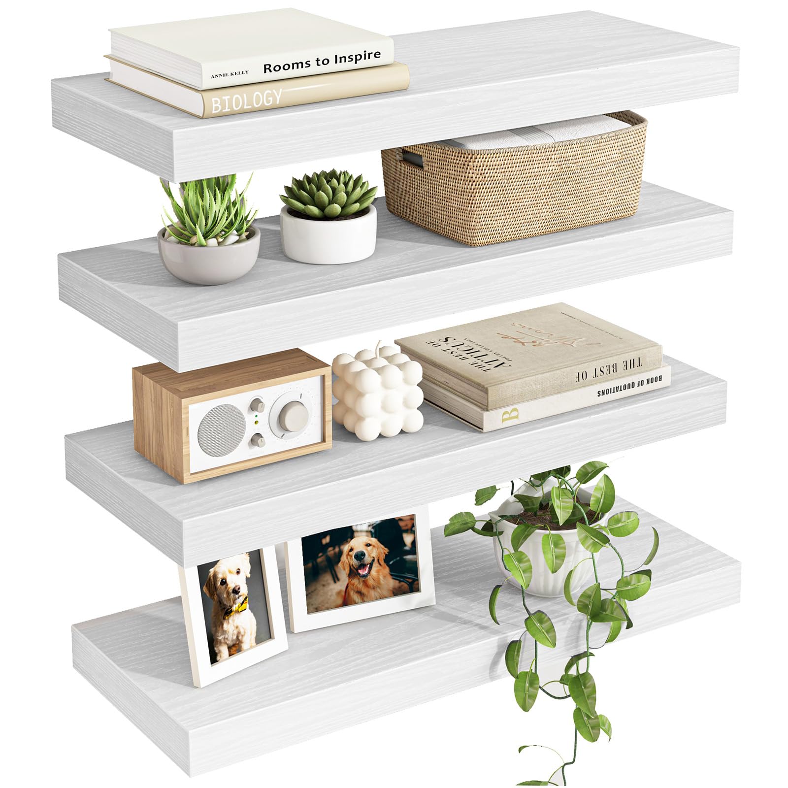 Fixwal front view of four white floating shelves showing tidy storage benefit