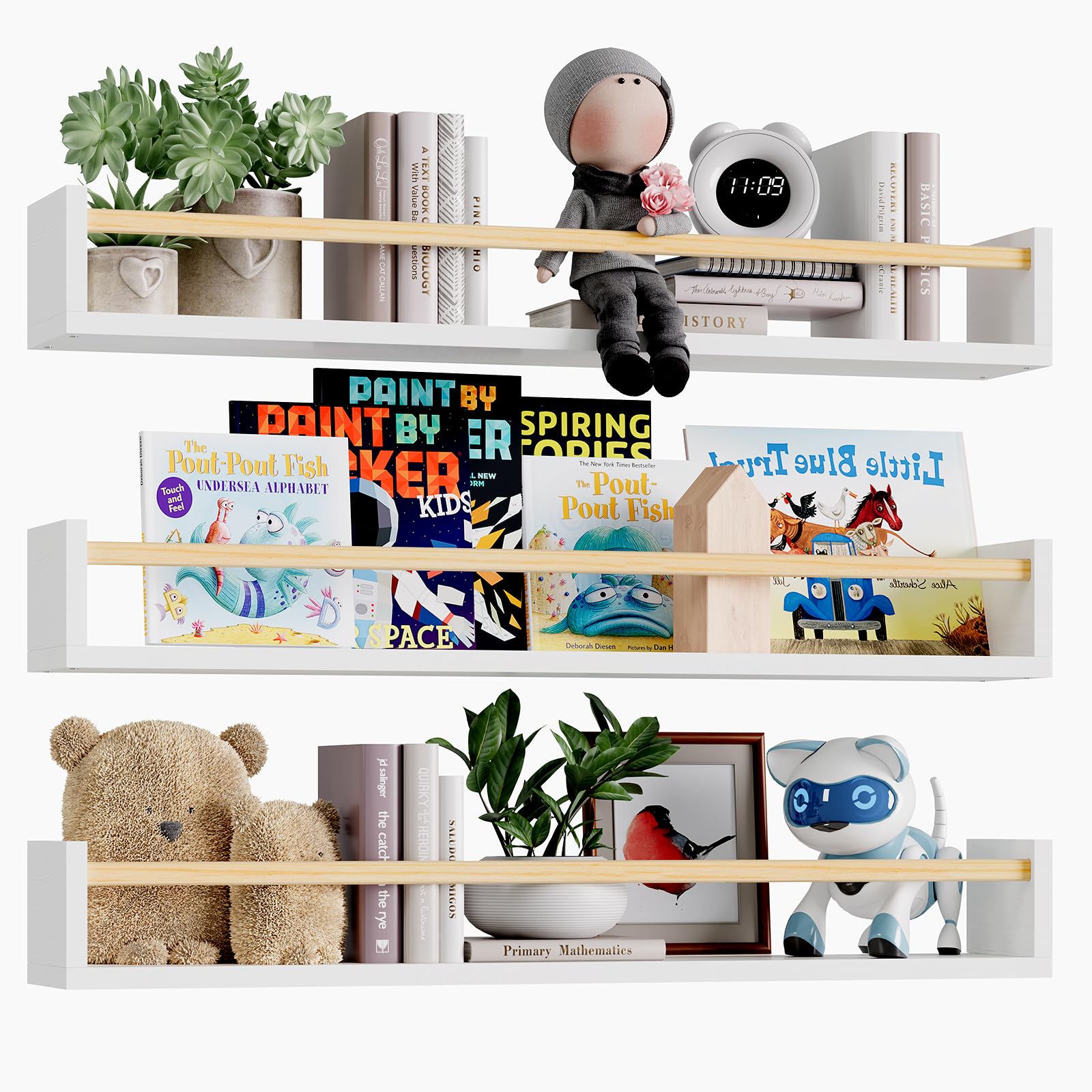 Fixwal front view of three white floating shelves showing tidy nursery benefit